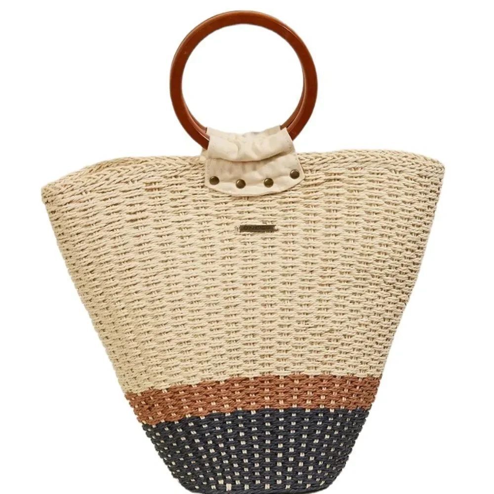 NEW O’Neill Straw Bag Woven Colorblock Tote Purse Round Wooden Handles Boho
